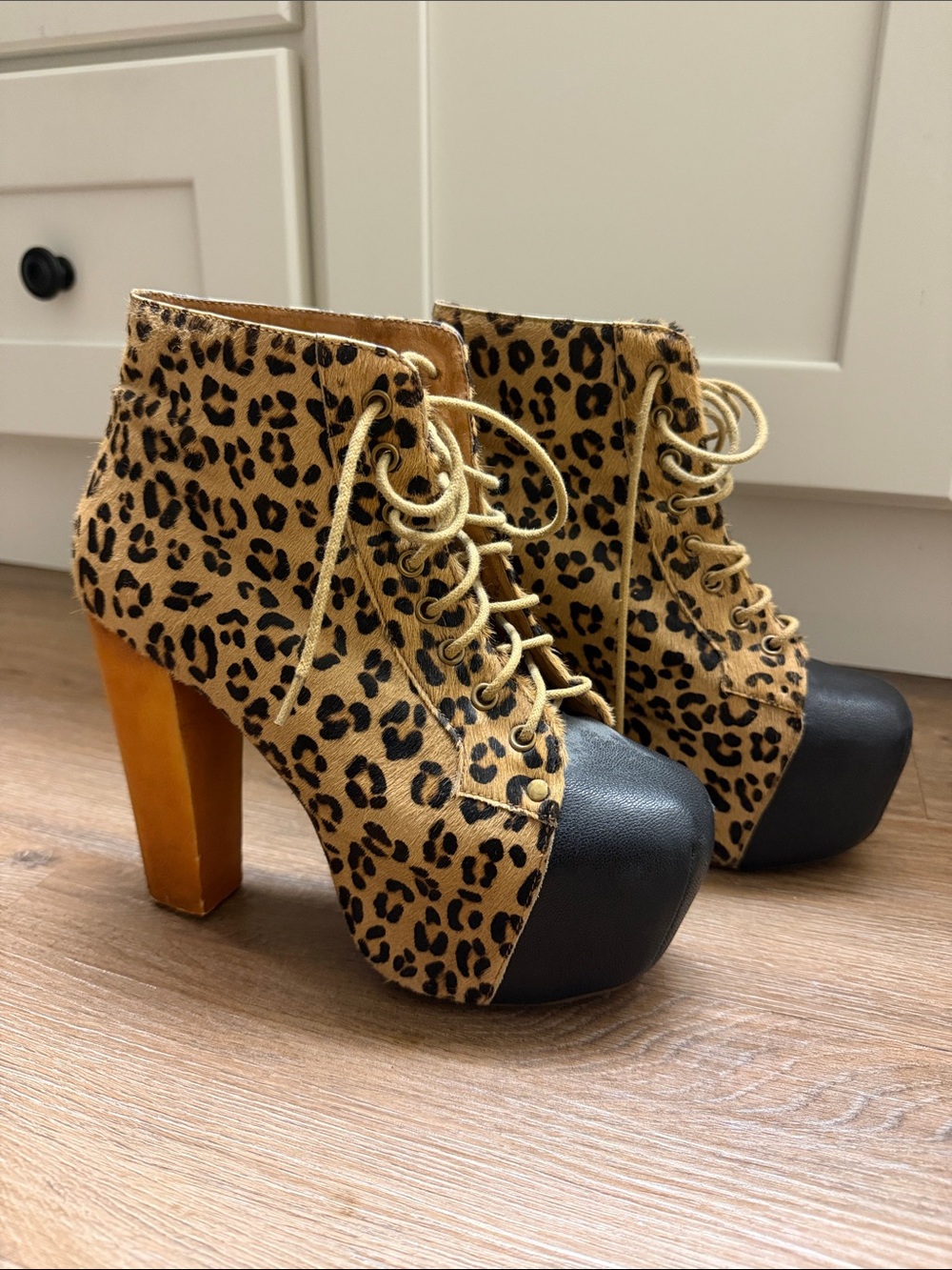 Jeffrey Campbell Leopard Platform Lace-Up Ankle Boots in Black and Tan